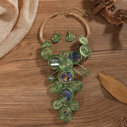 1set Exaggerated Green Flowers Crystal Necklace Earrings Set for Women Summer Party Statement Rhinestones Jewelry Set Gifts