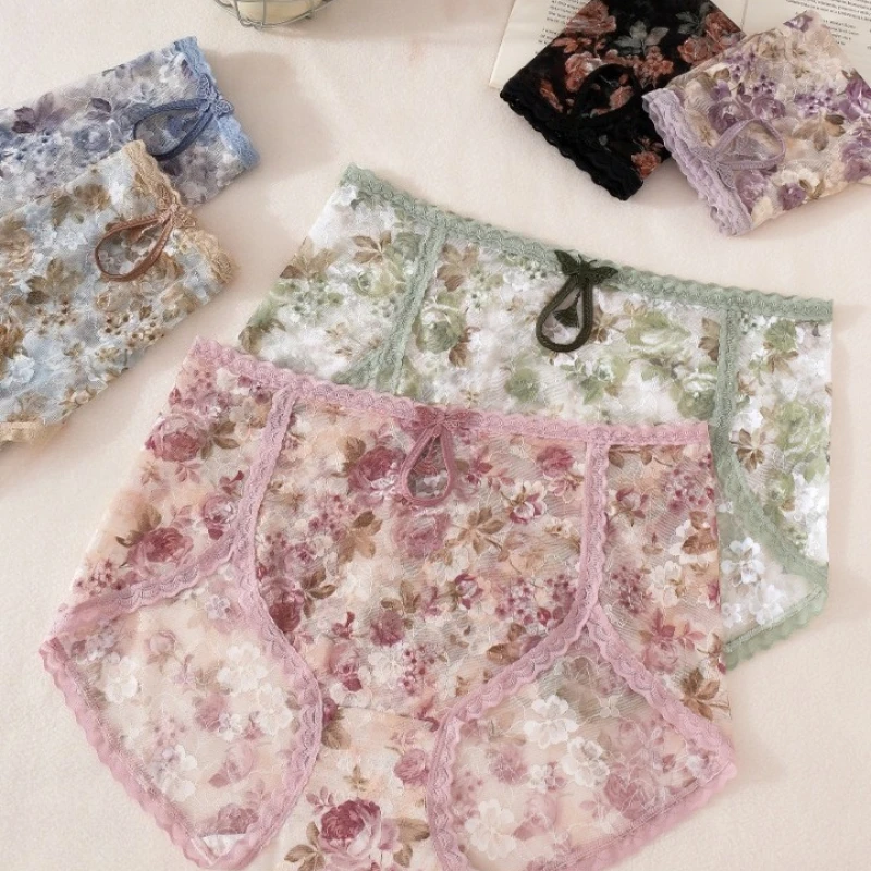 Sheer Mesh Panties Lace Briefs with Delicate Bows Comfort Underpants for Allure Styling
