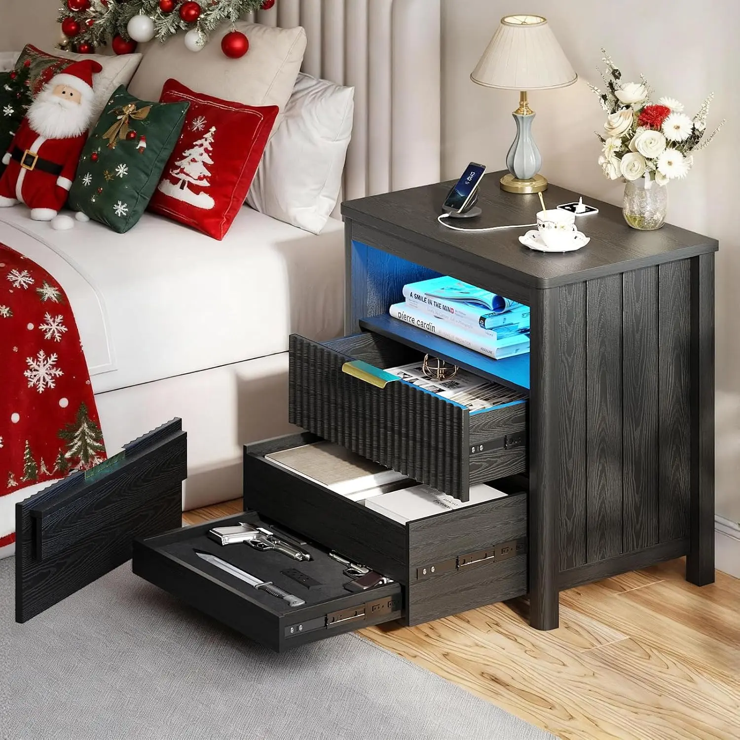 LED Nightstand 3 Drawer Auto Sensor 3 Color Light USB&Type-C Charging Modern Bedside Table Bedroom Office 24