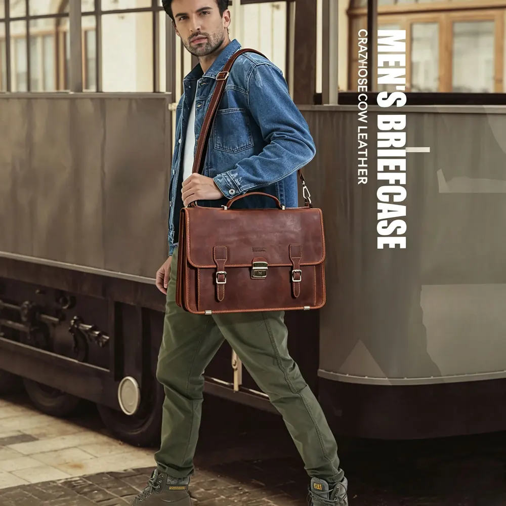 Vintage Genuine Leather  Briefcase For Laptop Macbook Air 13.3 Inch Crazy Horse Leather Crossbody Bag Cowhide Retro Casual Style