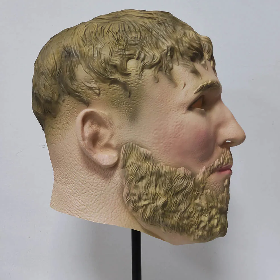 Realistische Latex-Maske für den ganzen Kopf mit lockigem blondem Haar und Bart-Design für Maskerade, Halloween, Cosplay, Kostümparty, Requisiten – Detail 4
