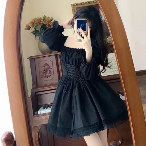 Imagen 2 del producto Vestido gótico Grunge Punk de Halloween para mujer, vestidos negros ajustados de encaje de manga larga, vestido de fiesta Y2K Harajuku Lolita Fairy Core
