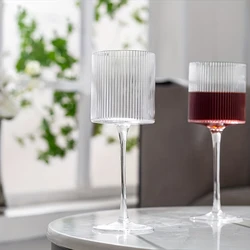 Elegant Ribbed Red Wine Glasses Long Stem Unique Modern Shape - Hand Blown Premium Wine Glass For Red & White Wine Home Bar Part