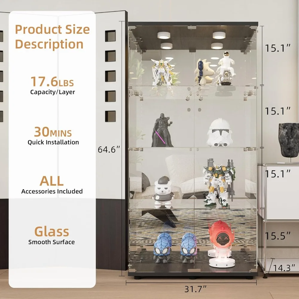 Beauty4U Black Glass Display Cabinet with LED & Mirror, 4-Shelf Curio Cabinet
