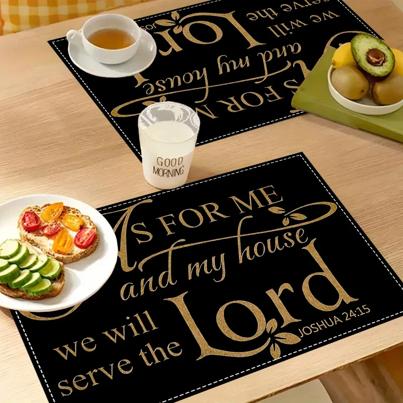 VIKAMA Black Scripture Serve the Lord Placemats, Non Slip Heat Resistant Rectangular Religious Dining Table Mats Decor