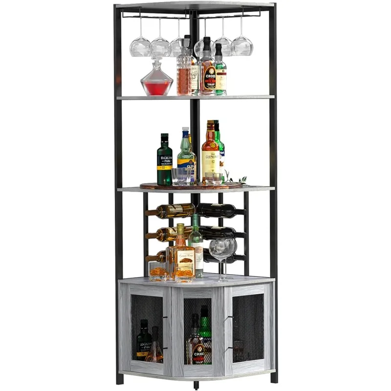 

Corner Bar Cabinet Wood Liquor Cabinet with Wine Rack, 5-Tier Industrial Corner Wine Cabinet with Shelf Storage