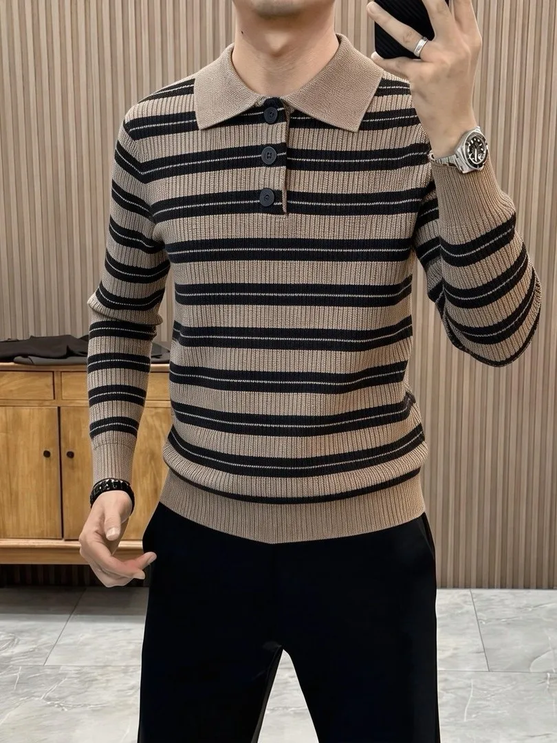 

Faionable Striped Collar Knitwear Men's Luxury Turn-down Collar Sweater Cleanfit Sle Spring Autumn Casual Soft Fabric