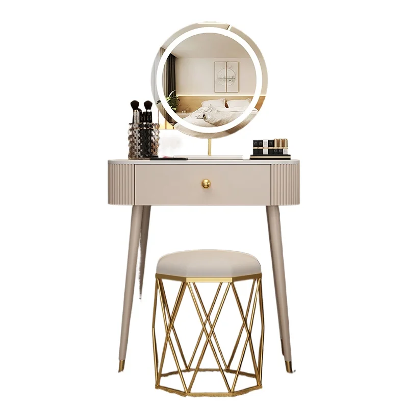 Minimalist White Vanity Table Round Mirror Storage Makeup Vanity Table Luxury Chair Pentiadeira De Maquiagem Home Furniture