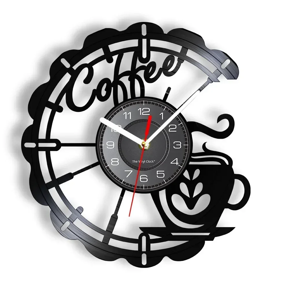 Coffee Cup Cut Out Longplay Wall Clock Kitchen Decor Cafe House Coffee Sign Black Noiseless Hanging Wall Clock Gifts for Barista