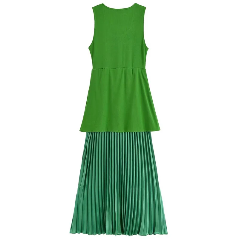 HXAO 그린 플리츠 드레스 여성용 드레스 여름 2025 우아한 니트 패치워크 롱 드레스 민소매 베스티도스 하이 스트리트 드레스