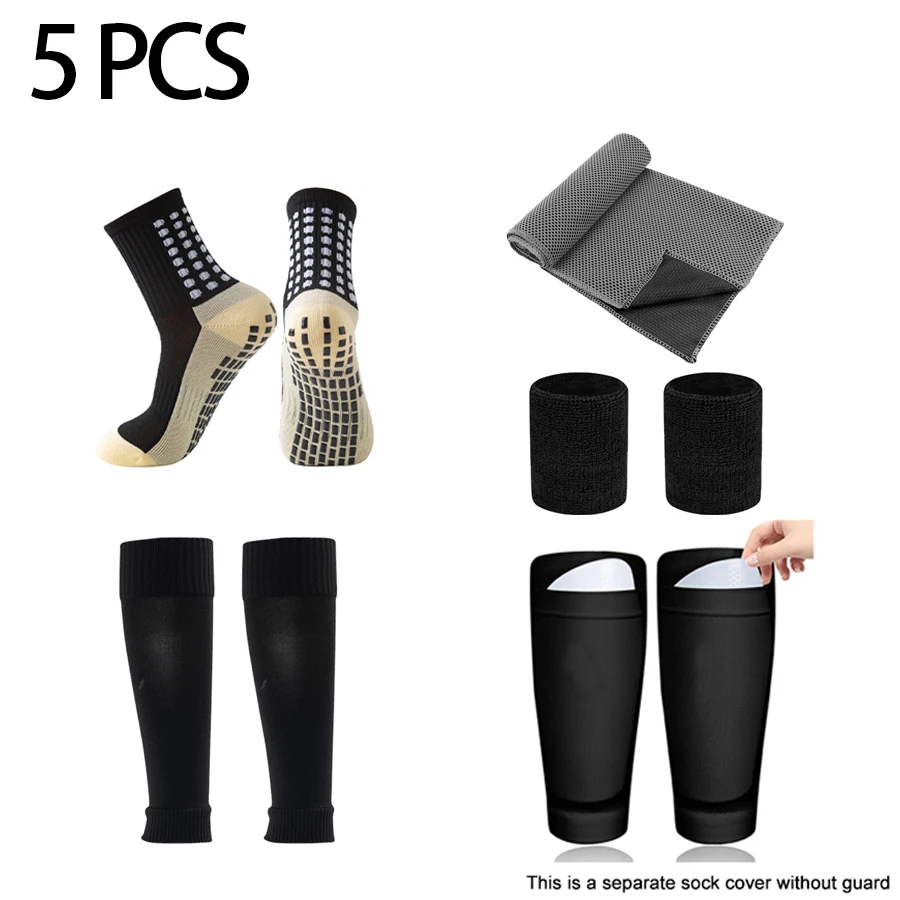

5PCS Soccer Equipment Combination Sports Socks+ Shin Guards With Pocket+Sock Covers+Wrist Bracer+Sweat AbsorbingTowel