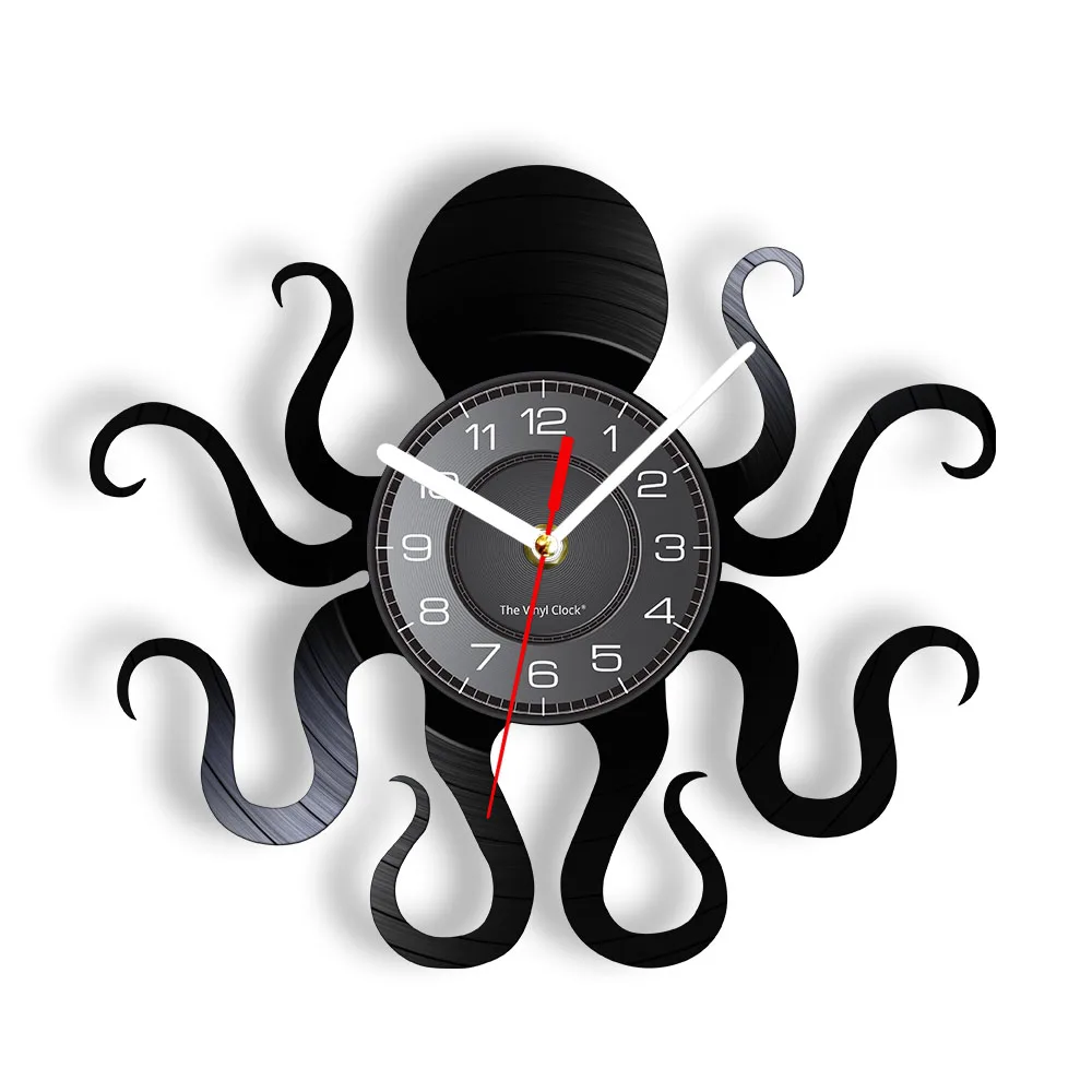 Retro Octopus Mollusk Vinyl Record Wall Clock With LED Backlight Kraken Octopus Ocean Animal LED Night Light Modern Clock Watch