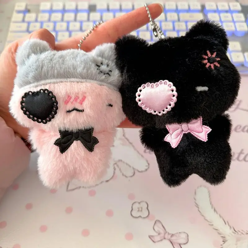 Kawaii Pink Cat Black Cat Doll Backpack Decoration Cute Cartoon Plush Kitty Keychain Pendant Bag Charm Key Ring Accessories Gift view 3
