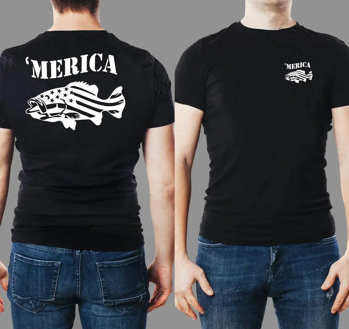 'MERICA Bass Stars and Stripes Patriotic T-Shirt 100% Cotton O-Neck Summer Short Sleeve Casual Mens T-shirt Size S-3XL