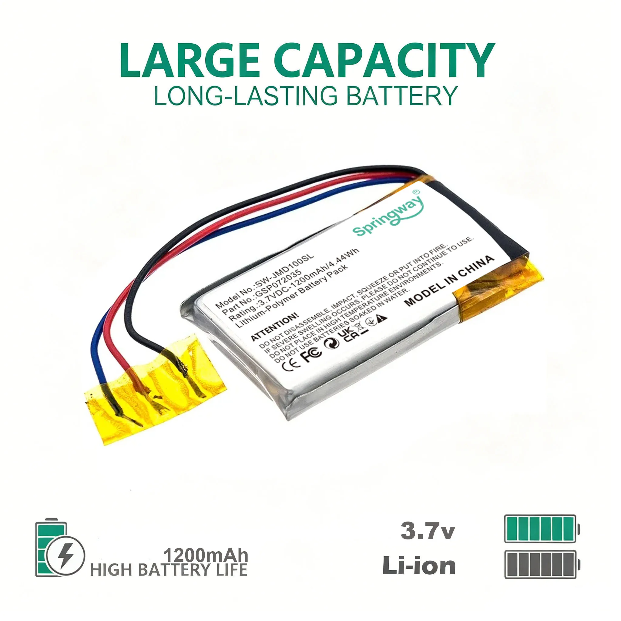 3.7V/1200mAh Speaker Battery GSP072035 for JBL GO,Go FF,JBLGOBLK High Capacity