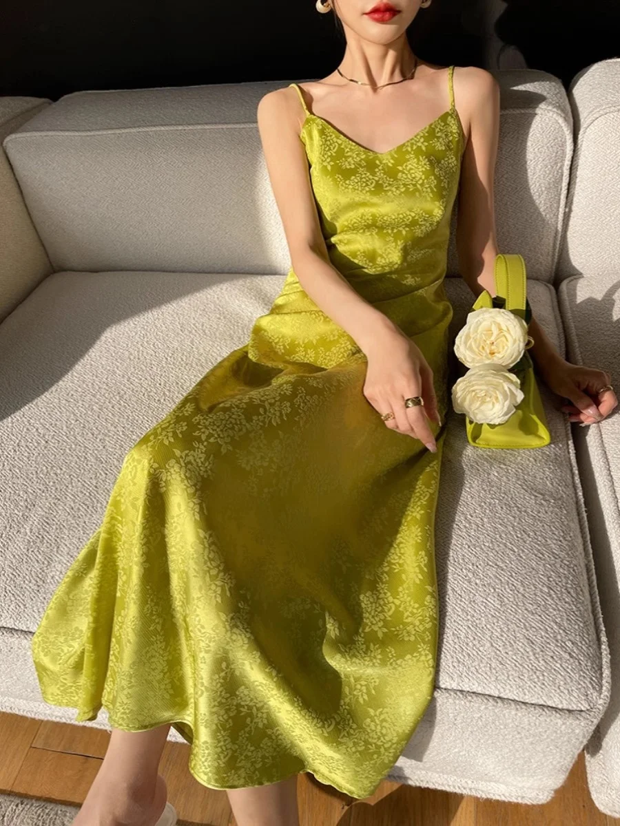 Vestido Largo de Verano para Mujer, Estilo Informal, con Encaje de Satén, Tirantes, Efecto Adelgazante, Estilo Elegante, Falda en Línea A, Sin Marca