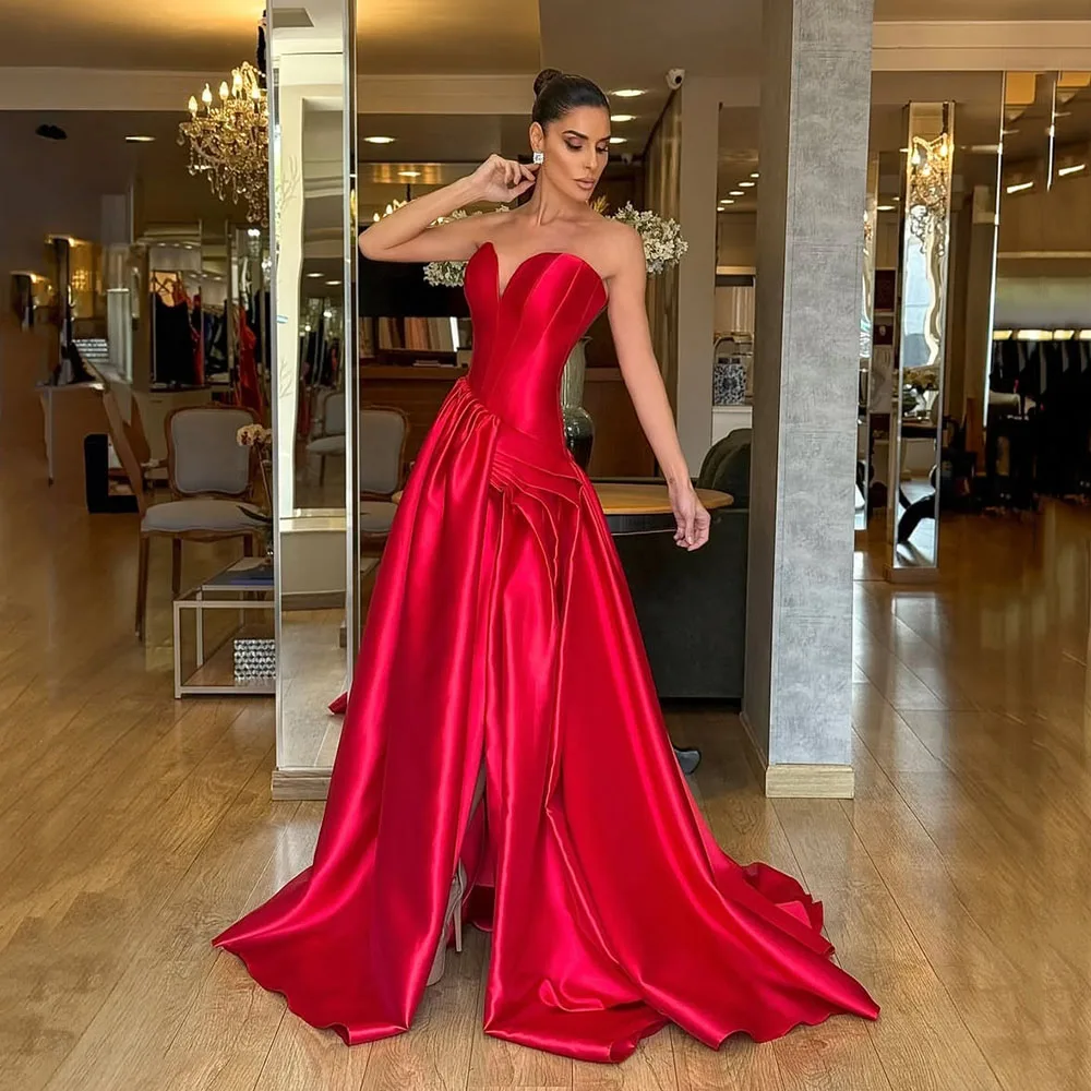 

Msikoods Red Satin Evening Dresses 2025 Strapless A-line High Slit Prom Dress Elegant Party Gown Special Occasion Gown Customizd