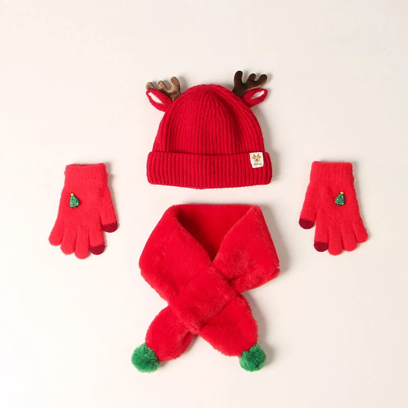 Christmas Baby Hat with neck scarf Glove Antlers Knitted Beanie Hats Winter Children's set for boy Warm Cap newborn baby capo