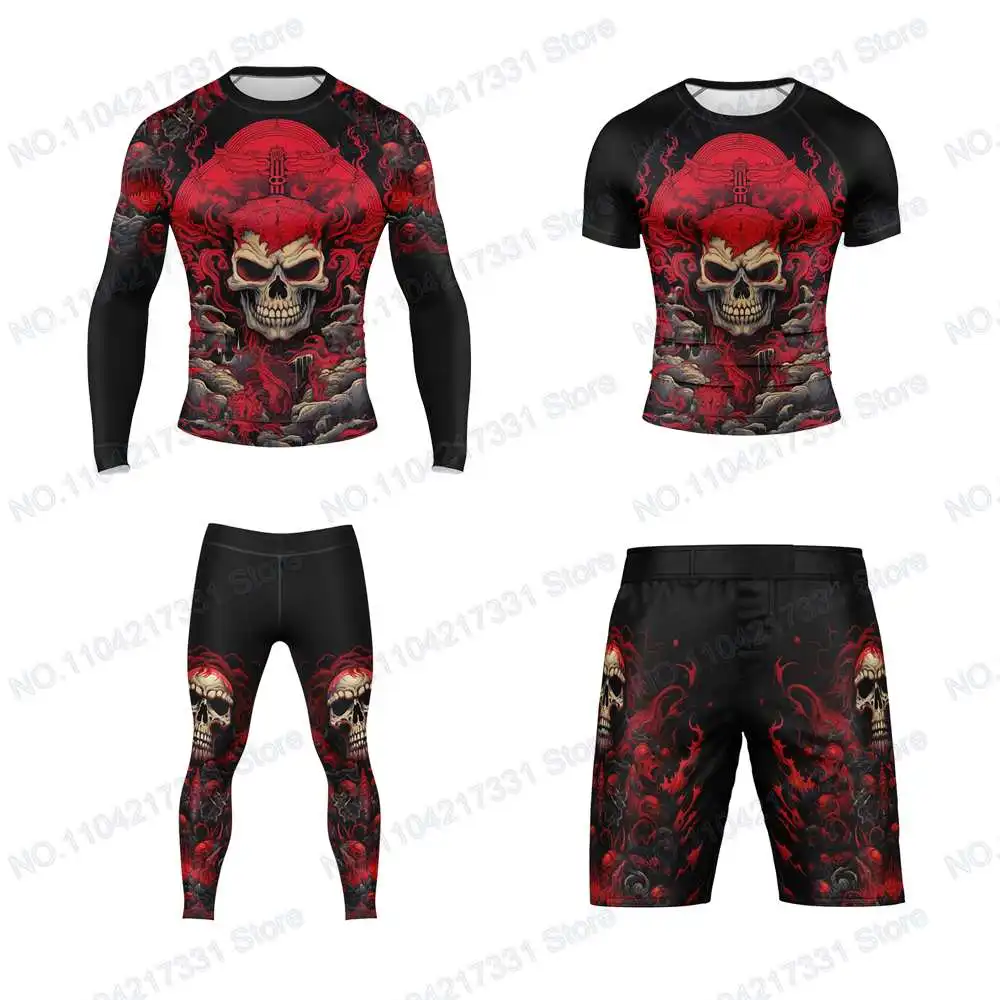 T-Shirt Shinigami Skull Shorts Surfing Jersey Beach Swimwear Diving Gym Long Sleeves Trousers MMA BJJ Men Jiu Jitsu Fitness Sets