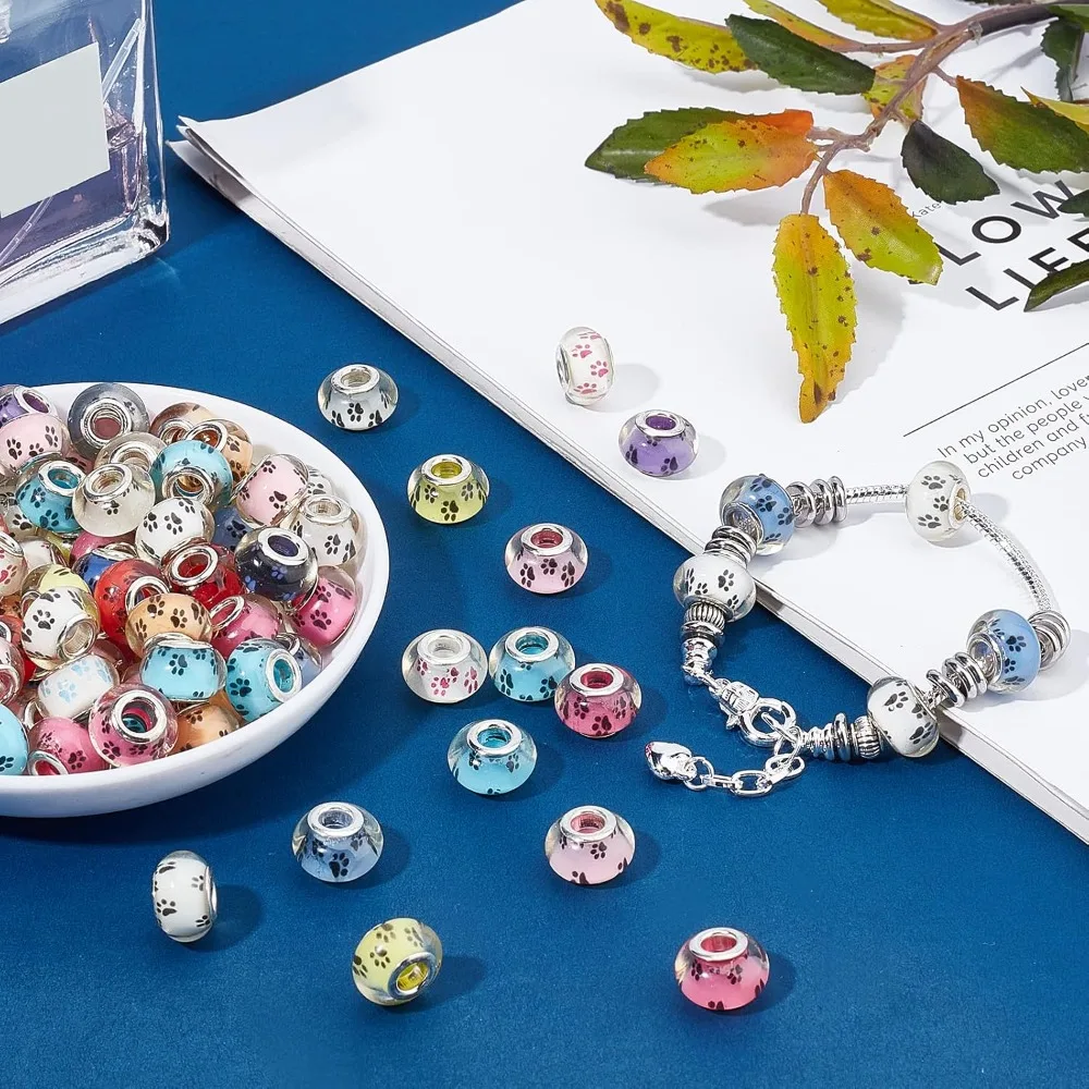 100 Pcs Random Mixed Color Dog Paw Prints Pattern Acrylic European Beads Large Hole Rondelle Charms Beads Loose with making kit