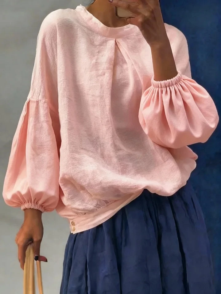 

Temperament Simple Solid Color Loose Blouse Summer New Elegant Lady Commuting Shirt Casual O-neck Lantern Long Sleeve Linen Tops