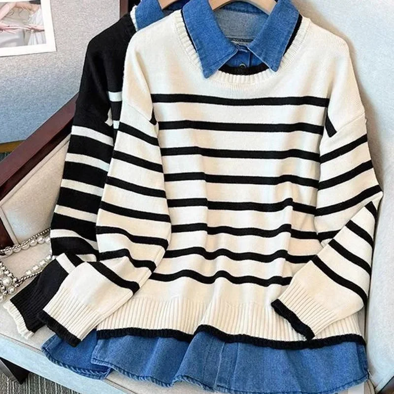 

Preppy Style Casual T-Shirts Korean Fashion Loose Patchwork Turn-down Collar Long Sleeve Hollow Out Streetwear Women's Clothing
