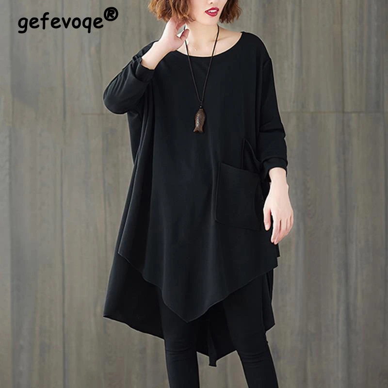 Spring Autumn Women's Casual Oversized Asymmetrical Pullover Tunic Tops Black O Neck Long Sleeve Cotton T-shirts Female Clothing