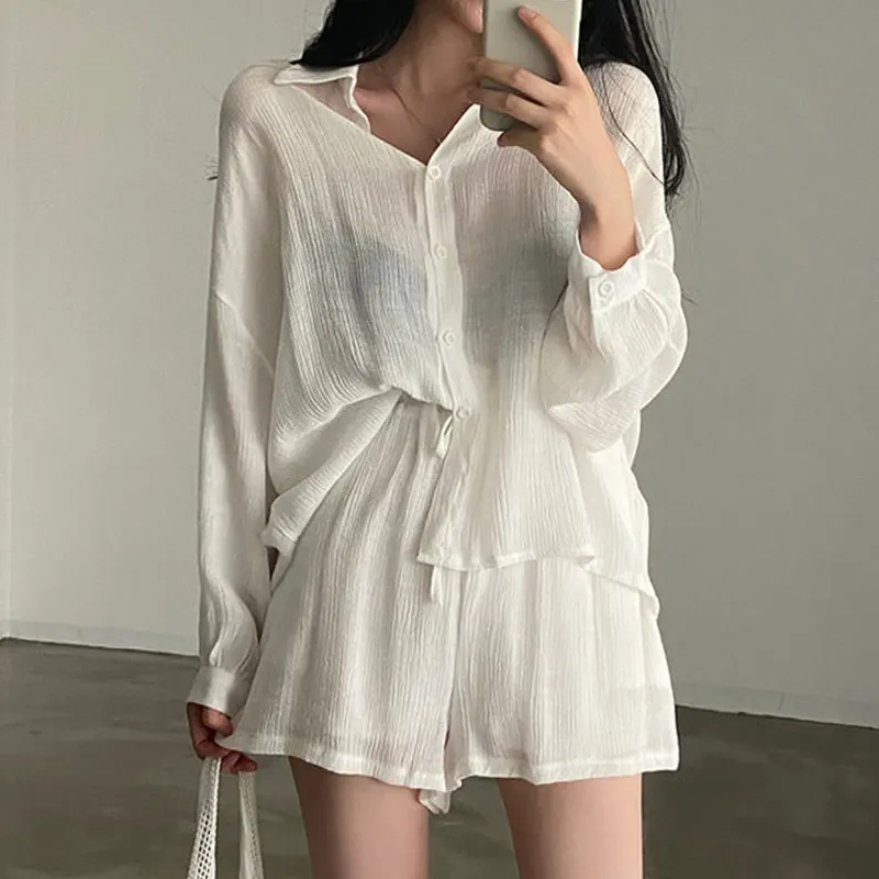 

Faionable High Waist Wide Leg Thin Long Sve Sun Protection irt And Casual orts Two Piece Set for Women Cotton Blend