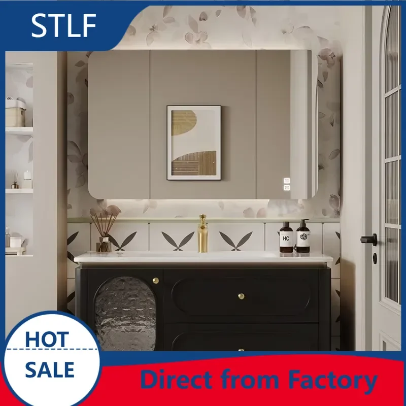 STLF French Oak Lacquered Mid-Century Style Wall-Mounted Bathroom Vanity Combo Ceramic One-Piece Basin Moisture-Proof