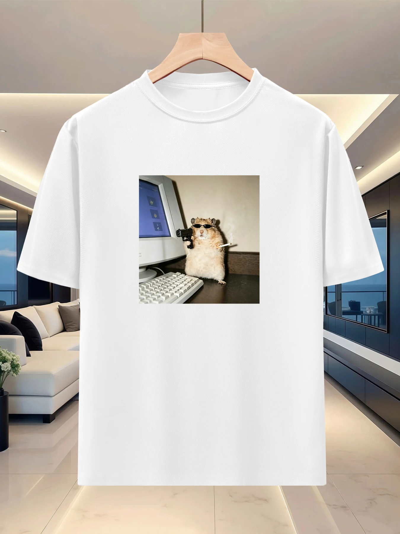 Gentle and relaxed men's silhouette half sleeved top for spring and summer travel, niche art print, loose base