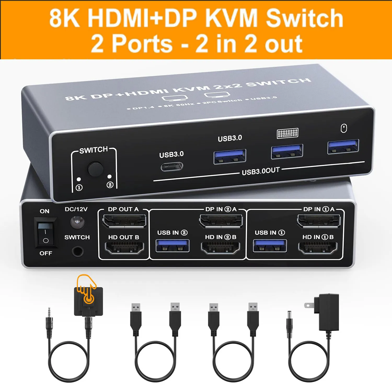 8K  DisplayPort HDMI KVM Switch 2 Monitors 2 Computers with 4 USB 3.0 Ports,Dual Monitor KVM Switch  for 2 PCs 8K@60Hz/4K@120Hz