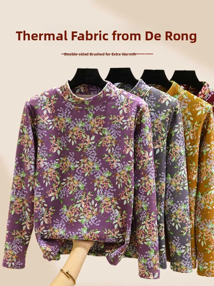 Thickened Fleece Floral Print Base Shirt Double-sided Brushed Long Sleeve High Collar Women's Thermal Top Winter Warm T-shirt