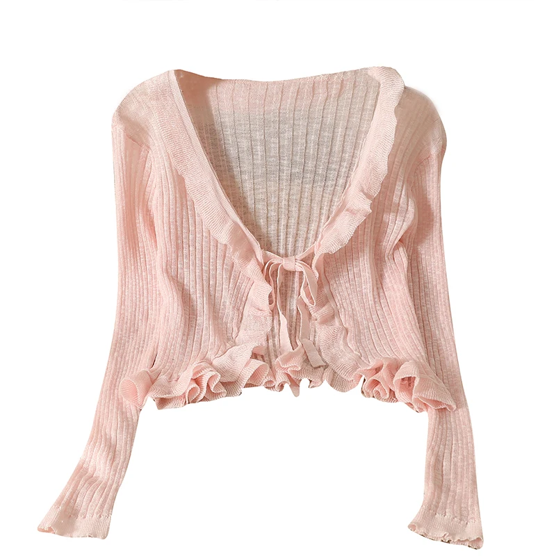 Summer Ruffles Cardigan Slim Women Casual Transparent Sweater Shirts Lady Thin Solid Coats Female Crop Top