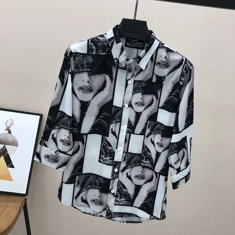 Summer New Shirt Men's Puffy Handsome Printed Korean Style Short-sleeved Fashionable Slim-fit Casual Mid-sleeved Shirt