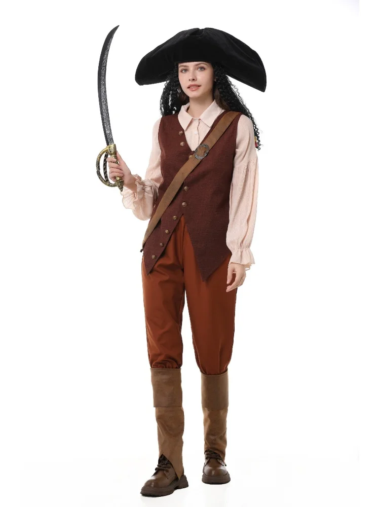 Erwachsenen-Vintage-Piratenkostüm, Gerüschte Bluse, Knopfweste, Schwarzer Dreispitz, Halloween-Bühnenauftritt, Ausgefallenes Outfit-Set – Detail 6