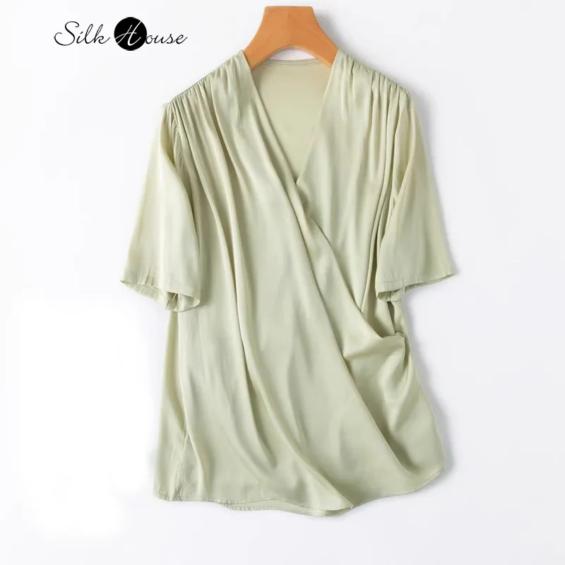 

2024 Women's Fashion Summer New 93% Natural Mulberry Silk Elastic Satin Cross V-neck Short Sleeve Temperament Cool Green T-shirt