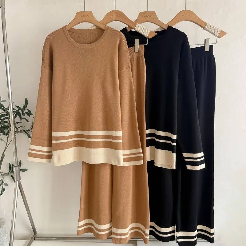 

Women's Pants Suit Autumn New Fashion Casual Lazy Style Knitted Color Contrast O-neck Sweater Pants Comfortable Two-piece Suit