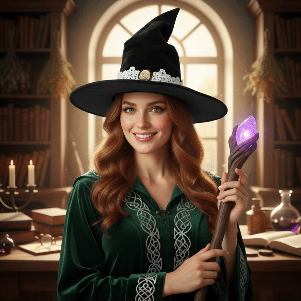 Cosplay Vintage Lace Witch Hat Lace Trim Elegant Black Wizard Hat Tree Of Life Badge Victorian Style Wizard Cap Gothic Occasion