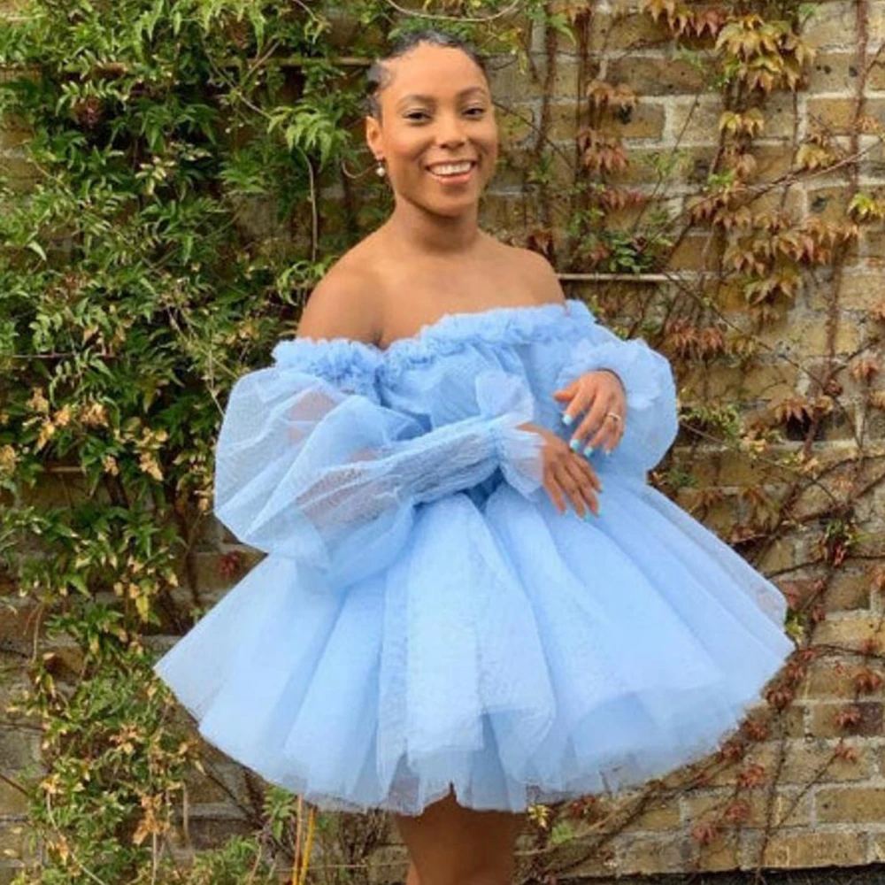 Off Shoulder A-line Party Dress Layered Long Sleeve See Through Light Blue Organza Dresses Elegant Mini Length Homecoming Dress