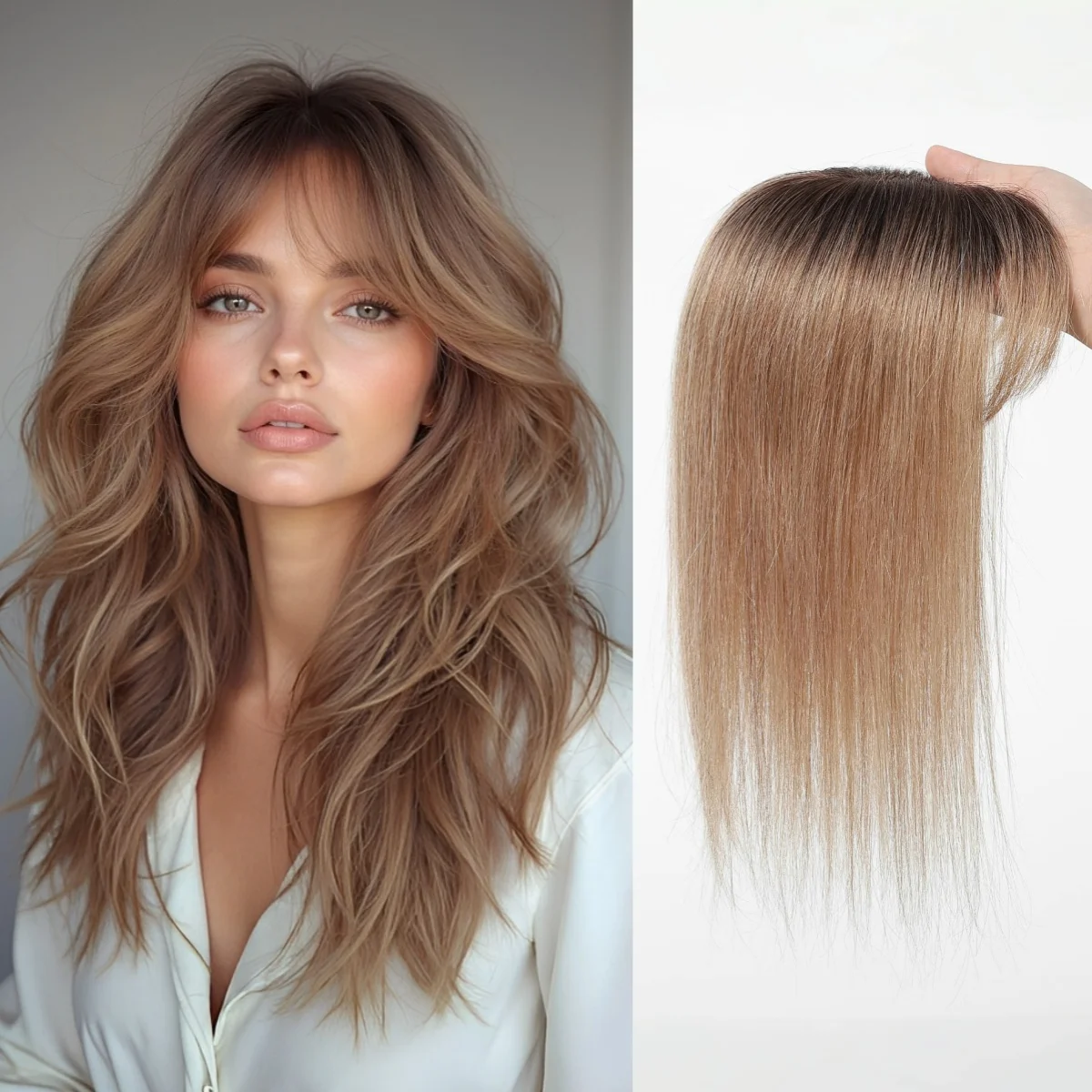 

12-дюймовый топпер для коричневых волос с эффектом омбре, 100% человеческие волосы Remy, шелковистые прямые заколки для наращивания волос с челкой, ежедневное использование, женские волосы выпадения