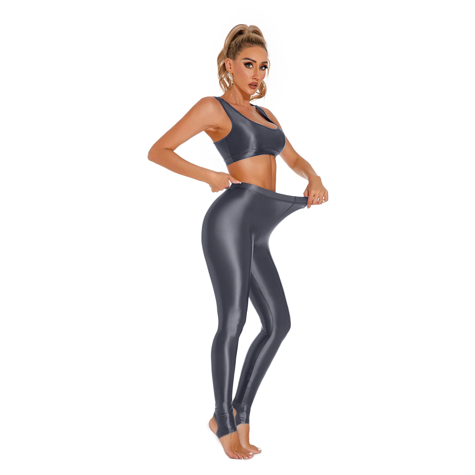 Womens Gymnastics Yoga Dancewear Glossy Sleeveless U Neck Crop Top with High Waist Leggings Gym Fitness Training Sportswear