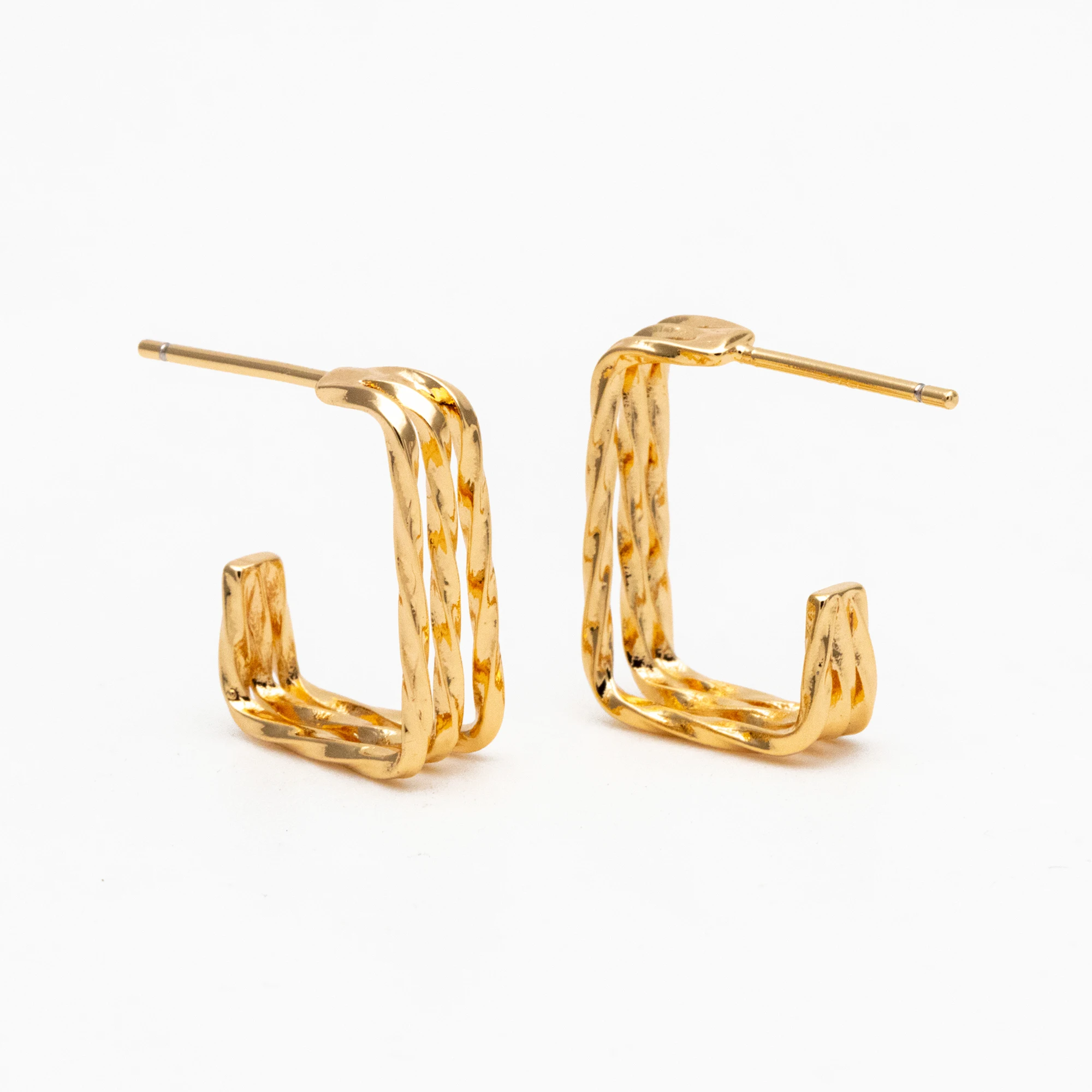 4pcs Gold Triple Band Square Earrings, Real Gold Plated Brass, Geometric Earring Studs For Jewelry Making Diy Supplies (GB-4057)