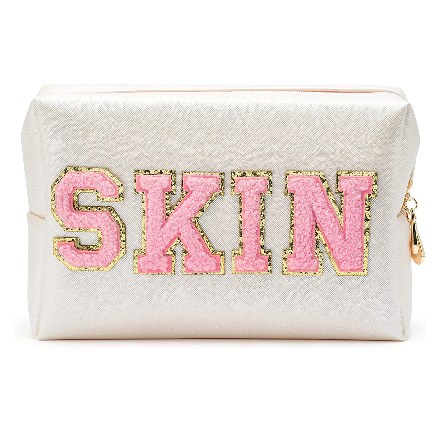 Cute Travel ciniglia Varsity FACE Letter Makeup Bag Preppy Patch Cosmetic Pouch for Teens Girls Women Toiletry Storage Organizer