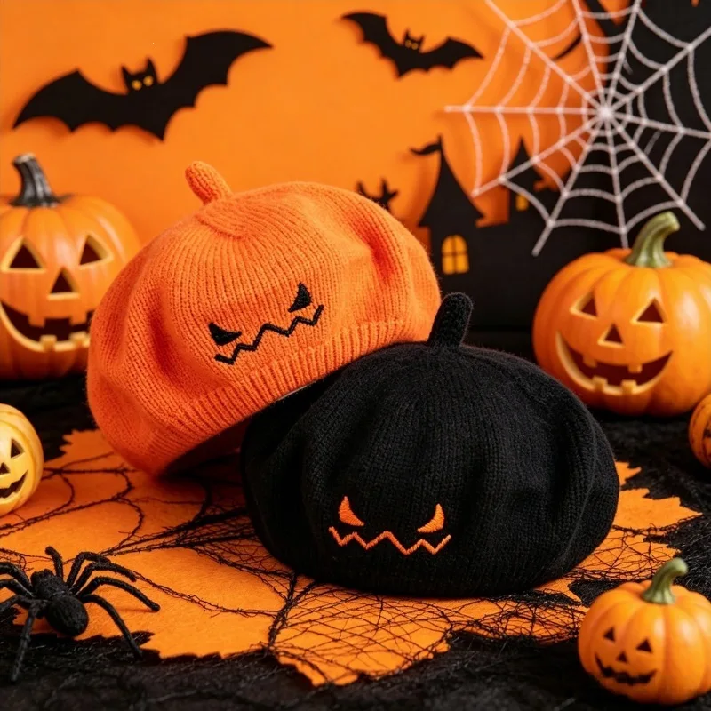 Halloween Knitted Baby Beret Hat Cute Little Devil Embroidery Top Knob Pumpkin Hat for Boys Girl Soft Warm Toddler Cap
