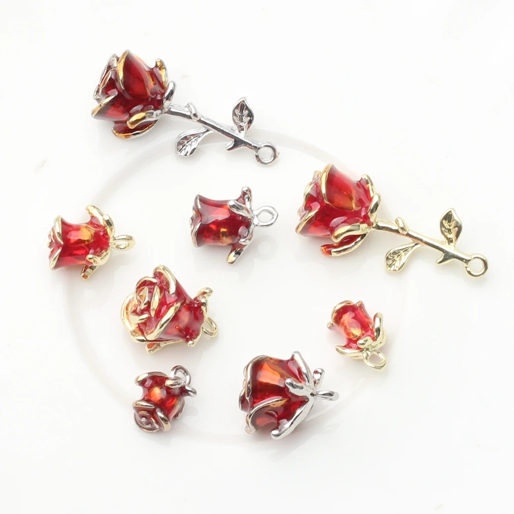 6pcs/lot Zinc Alloy Metal Colorful Enamel Rose Flower Charms For DIY Fashion Jewelry Making Finding Accessories