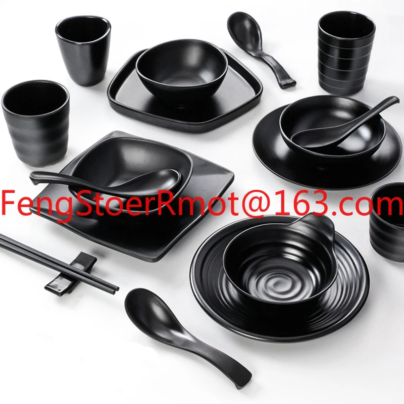 

Black melamine tableware set, bowl and plate set, melamine noodles, rice salad, soup bowl