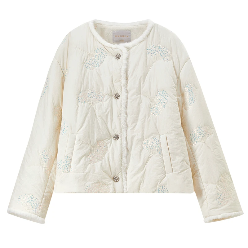 SENTUBILA Elegancki płaszcz damski 2025 Zima Nowy pluszowy brzeg z cekinami, haftowane parki, perłowe guziki, odzież wierzchnia damska 154MI4052