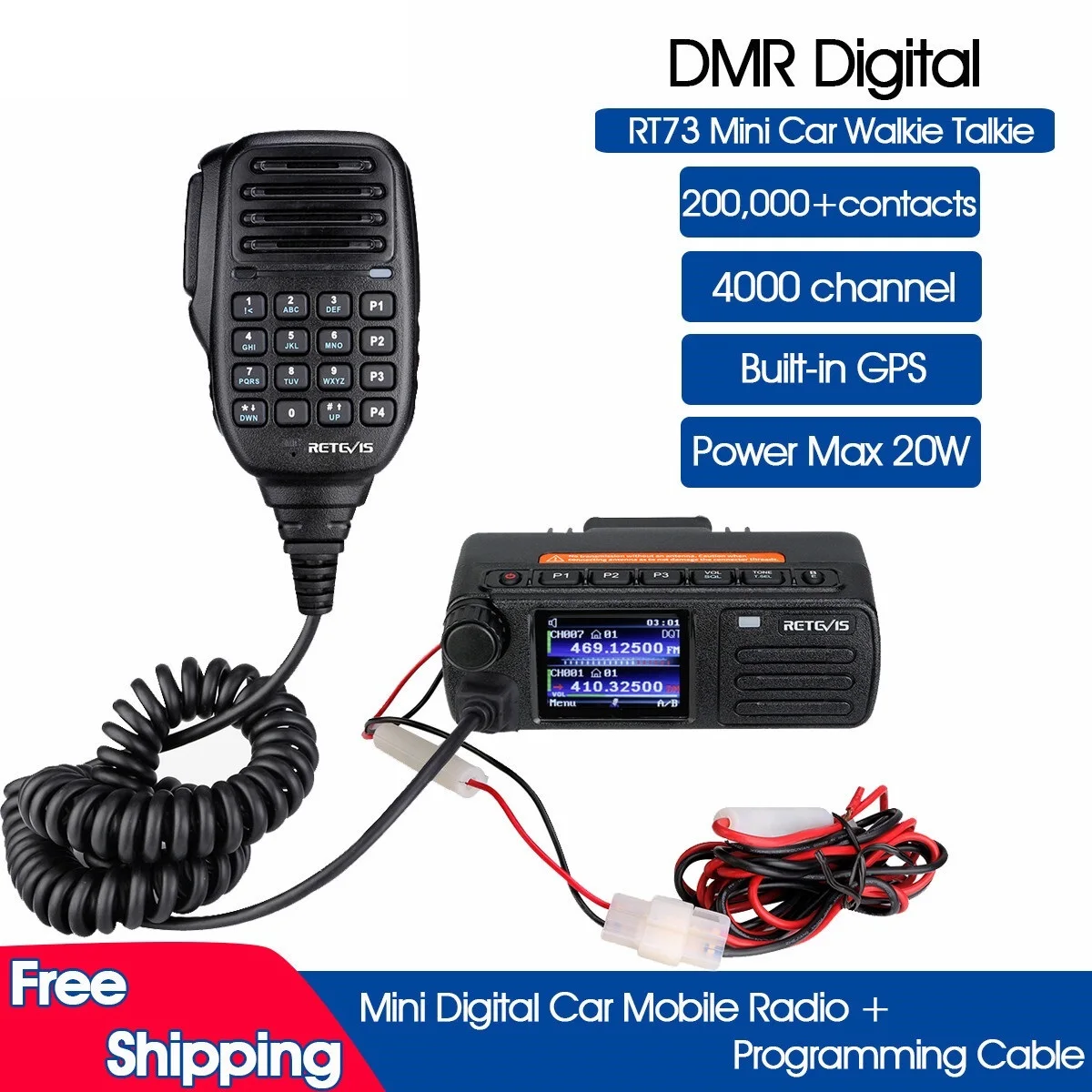 Top Ham Auto Tweeweg Radio Transceiver Autoradio DMR Digitale Mobiele Radiostation Scherm RT73 GPS UHF VHF 20W Voertuigbasis