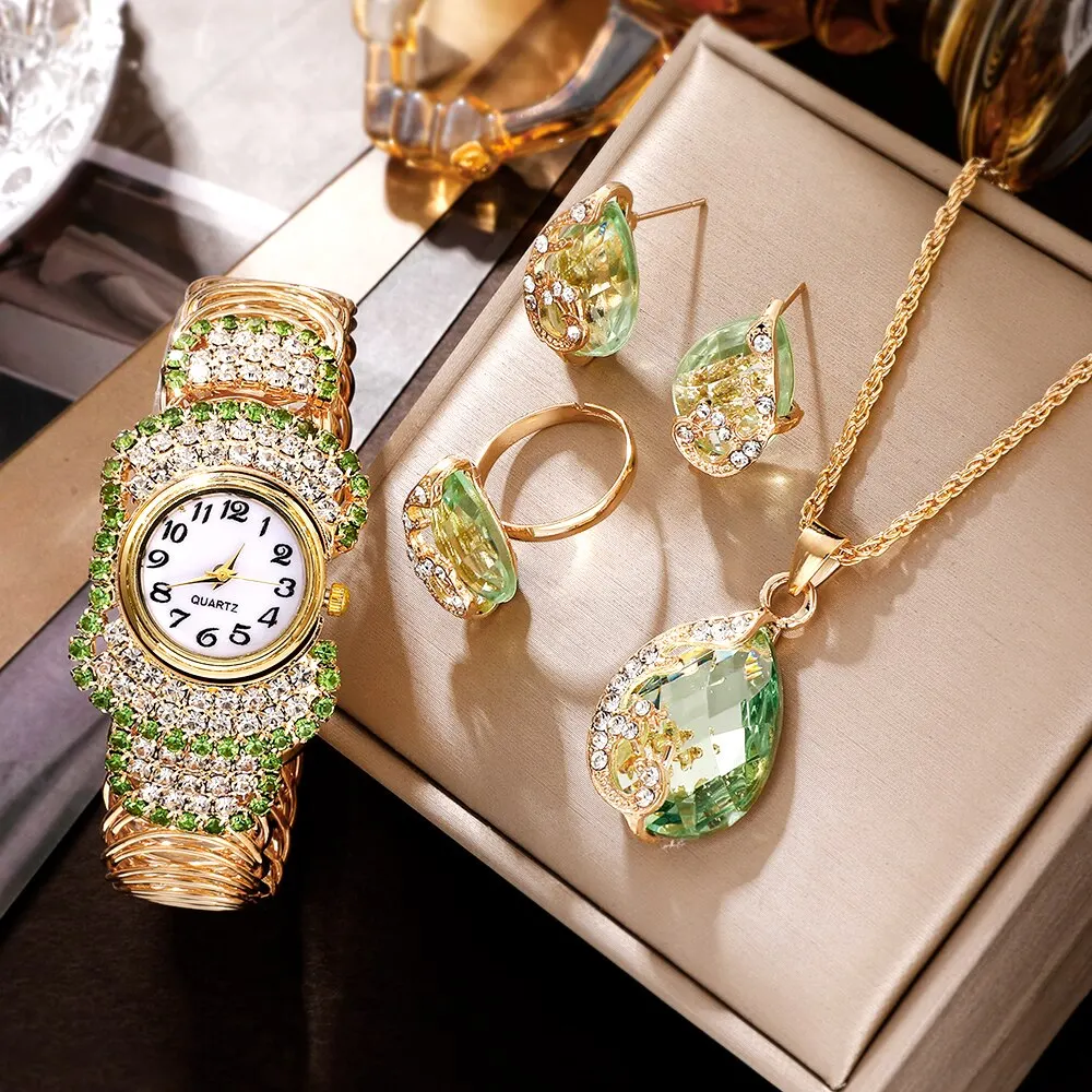 Relojes de lujo con diamantes de imitación para mujer, reloj de pulsera elegante, reloj de cuarzo para niña, conjunto de joyería para mujer, nuevo