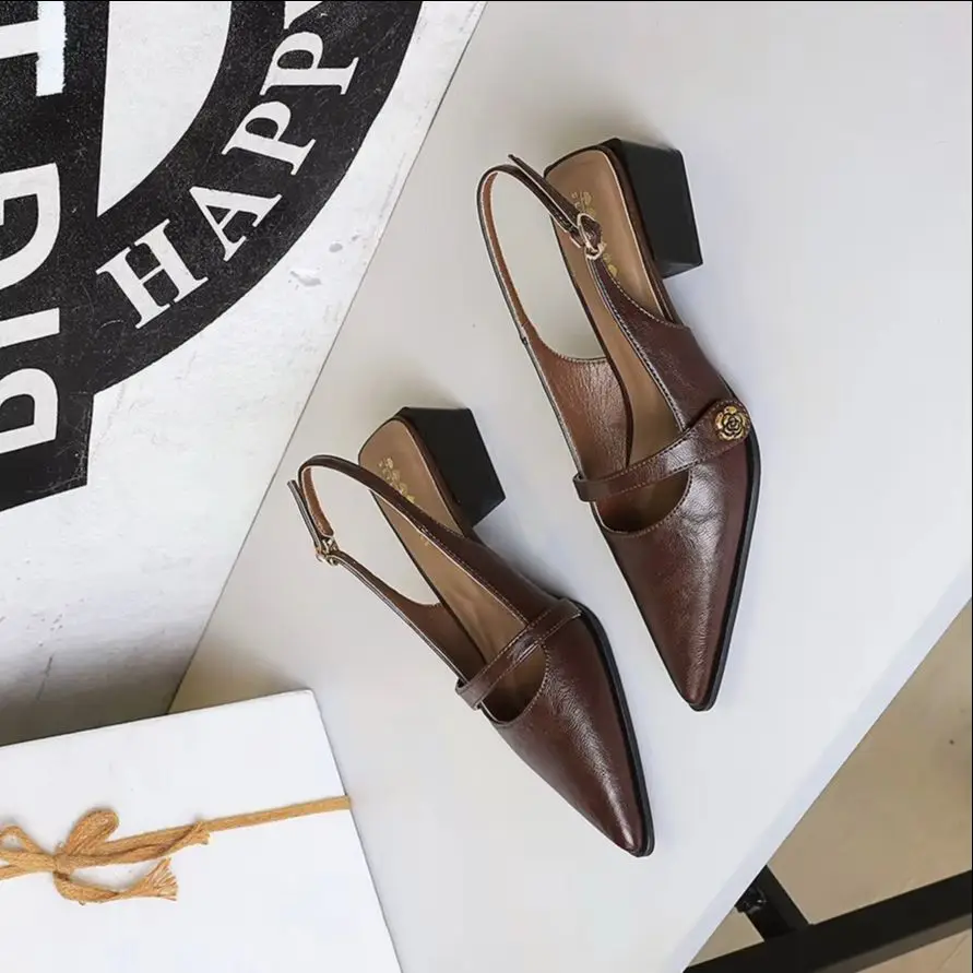 

BIGTREE Fashion Casual High Heels Slingback Comfortable Pointed toe 2025 Women Shoes 4.5cm Med-Heeled Sandal Lady Brown White